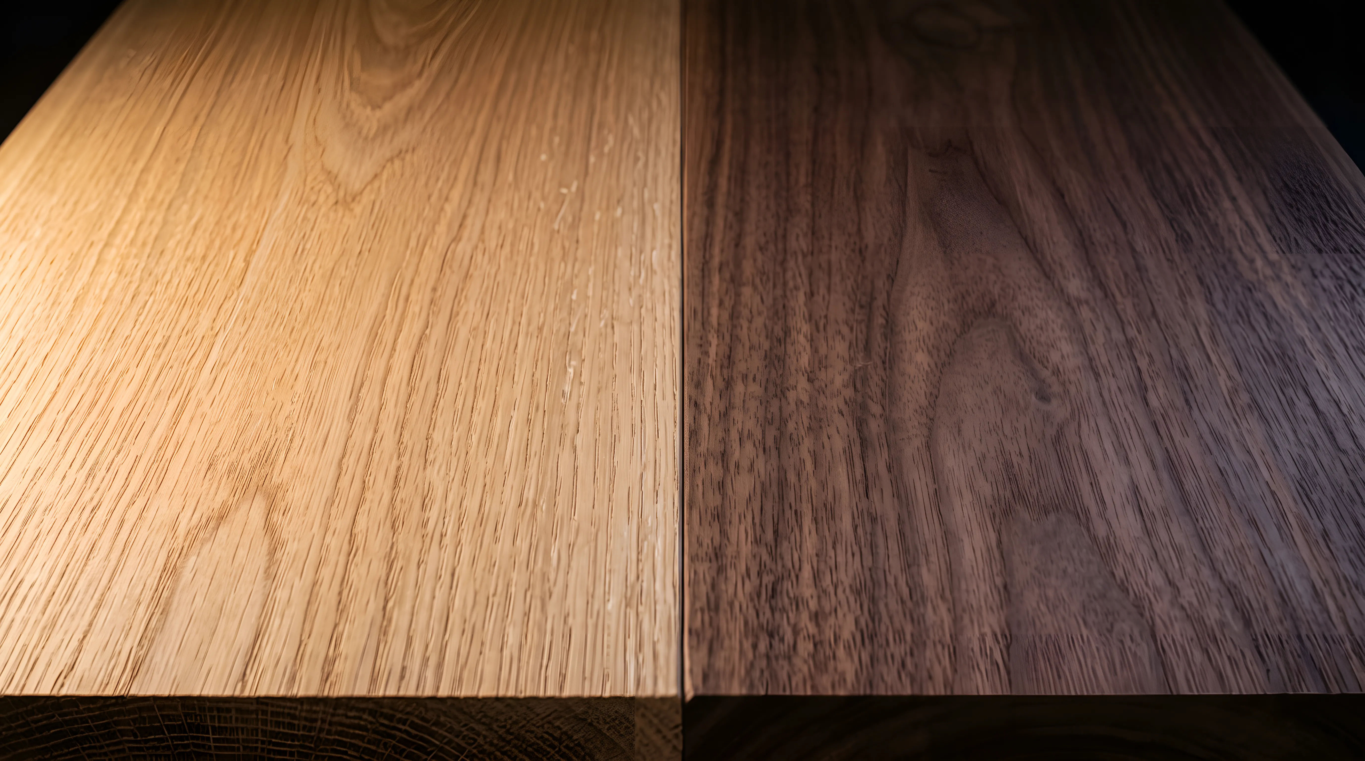 Oak and walnut boards edge to edge under a low light