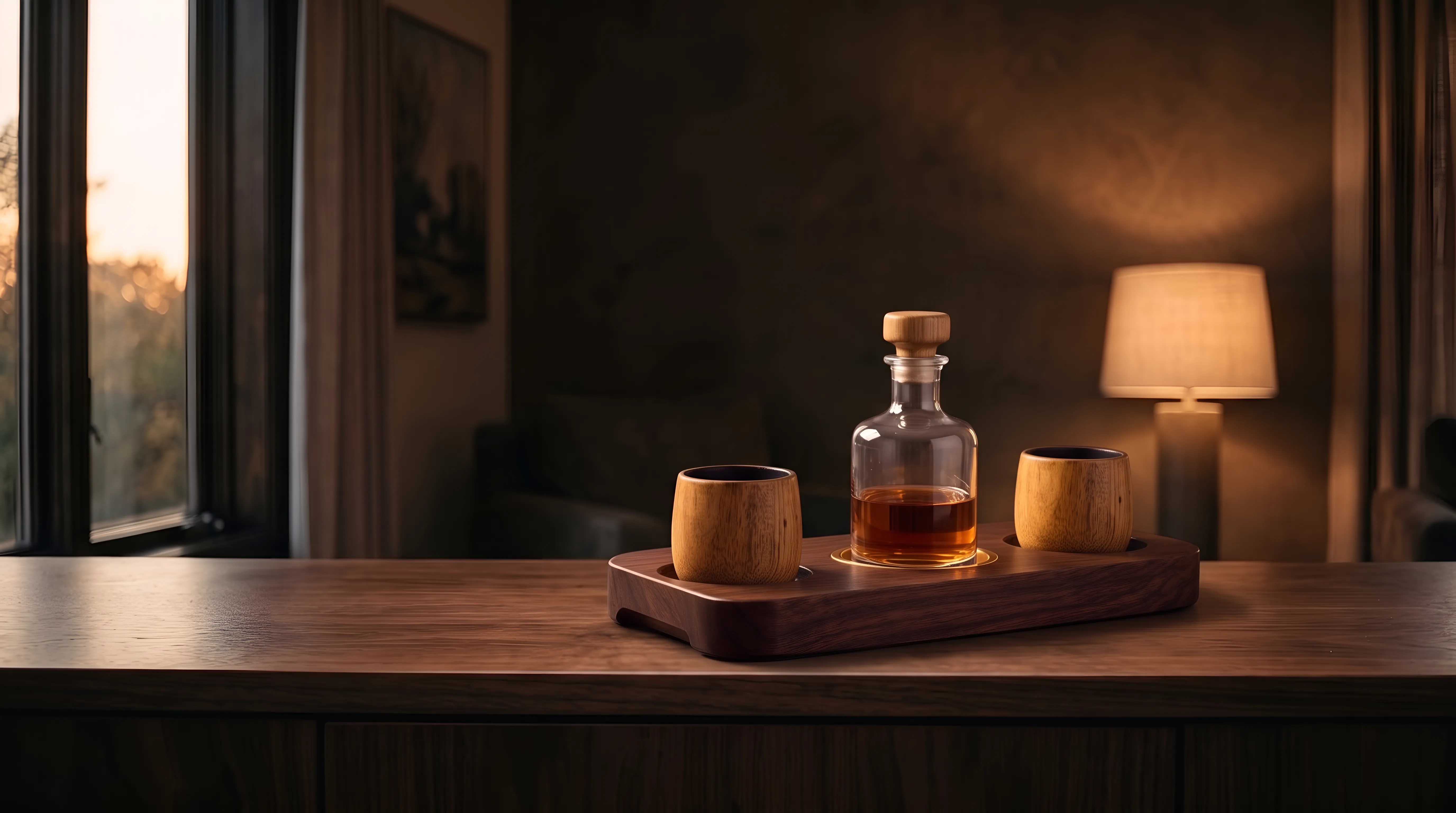 Linea with two glasses and a decanter on a walnut sideboard at dusk