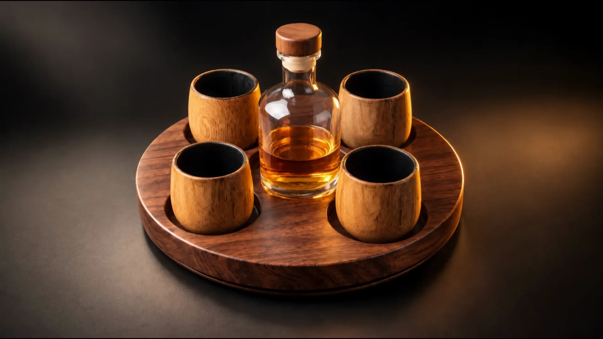 Compass set with four charred oak glasses and a decanter, turning