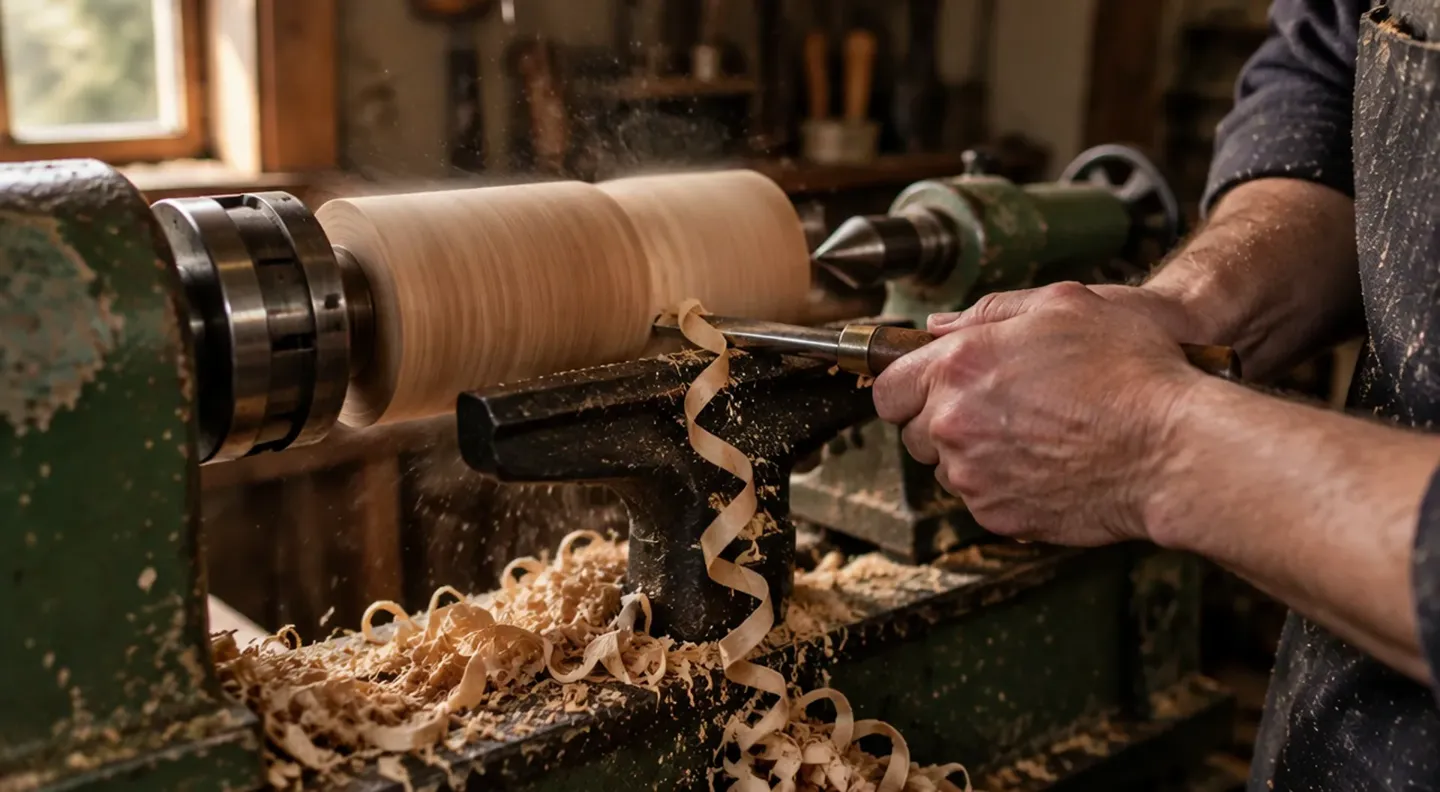 Oak turning on the lathe, a shaving curling off the gouge