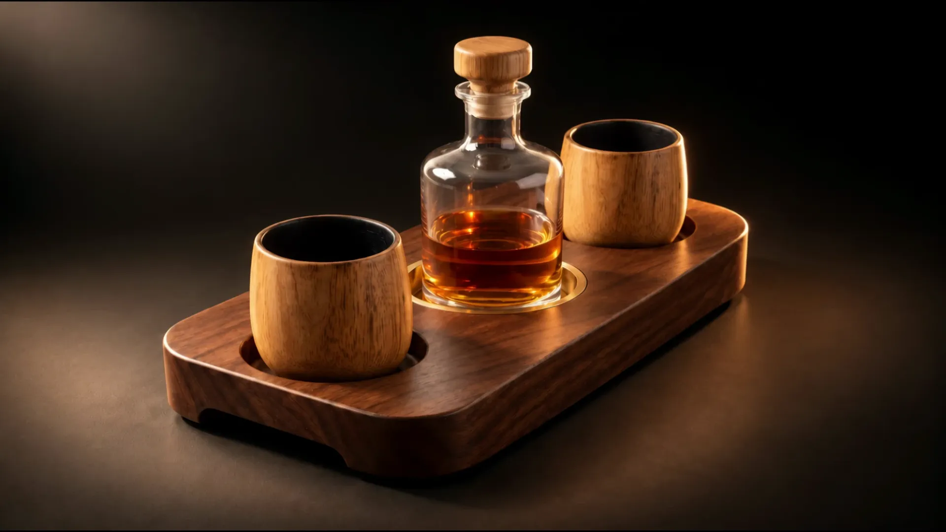 Linea set with two charred oak glasses and a decanter of whiskey